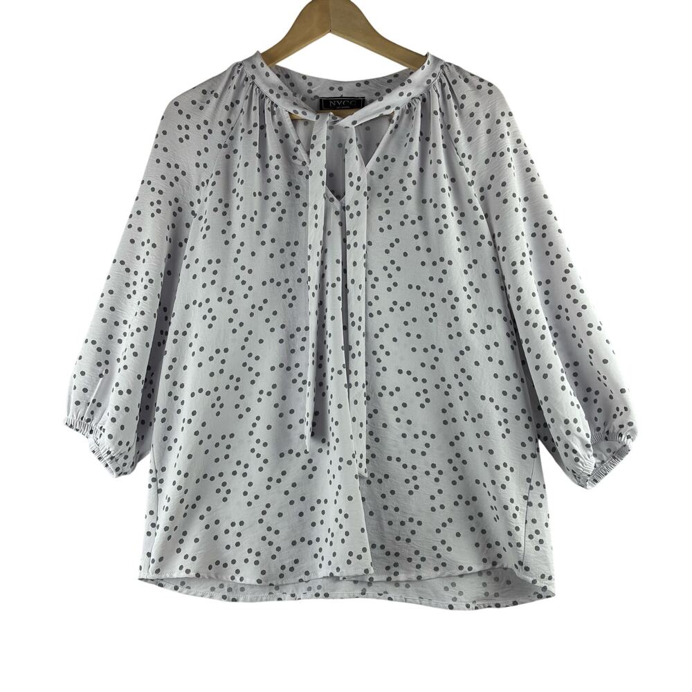 NYCC Popover Polka Dot Blouse Top Womens Large Tie Neck Grey White Twee Playful